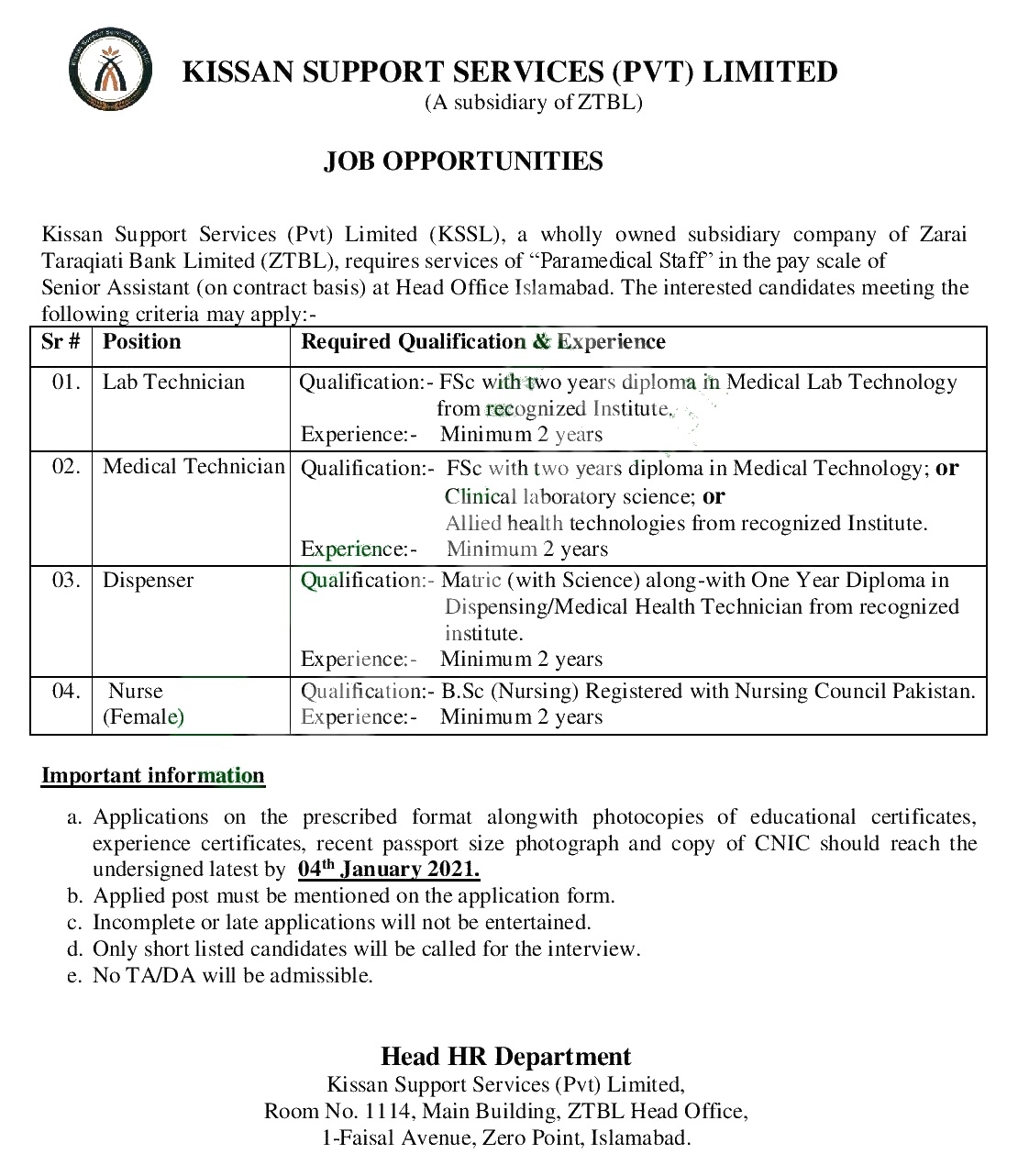 KSSL ZTBL Lab Technician Jobs 2021 Online Application Form