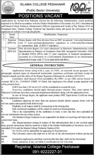 Islamia College Peshawar Jobs 2021 Advertisement @Paper PK